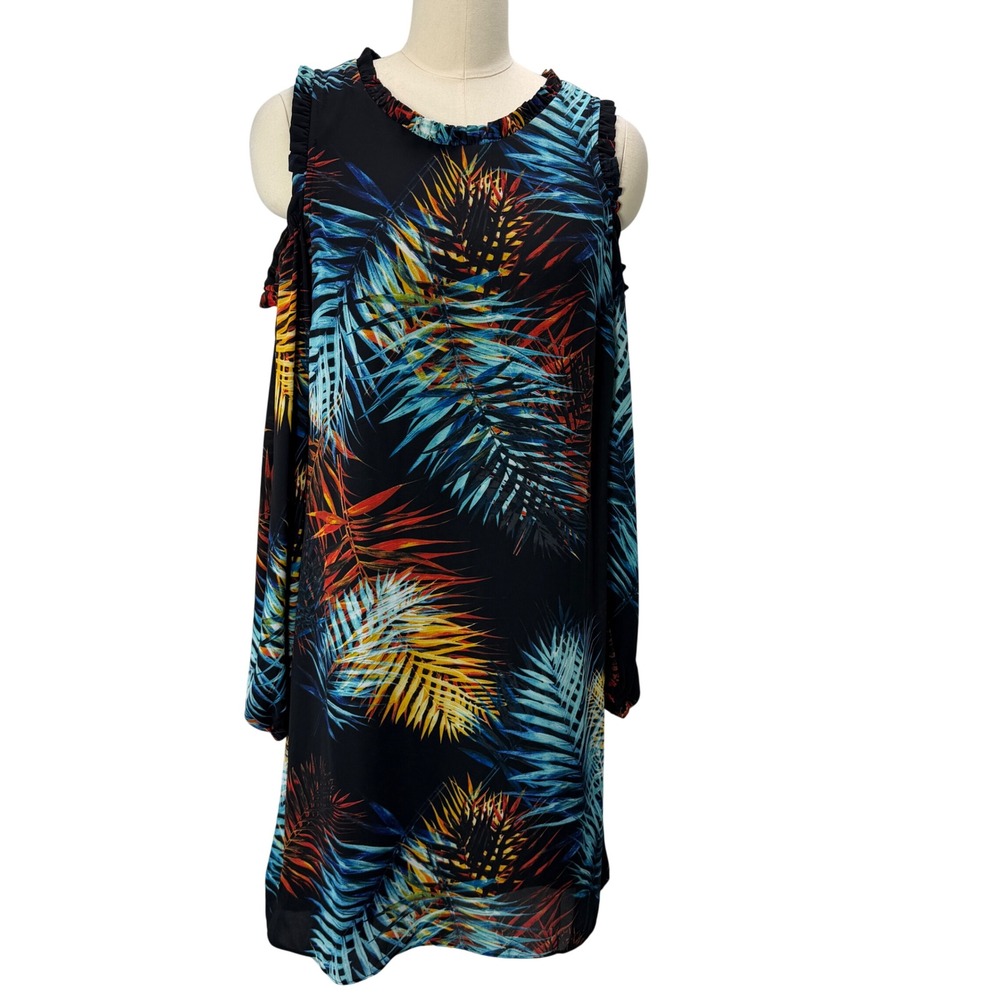 Tropical Palm Leaf Cold Shoulder Split Cape Sleeve Ruffle Dress 8 Beach Vacation
